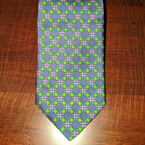 VTG HERMES Silk Tie Blue & Green Geometric Print - Picture 5 of 6